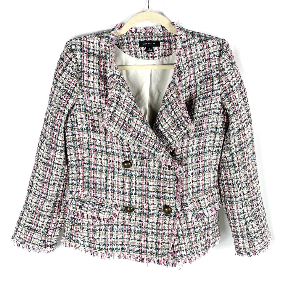 Ann Taylor Tweed Blazer Pink Multi Fringe Double Breasted Jacket Sz 2
